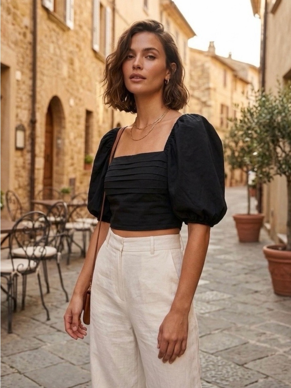 Abercrombie & Fitch Pleated Puff Sleeve Smocked Crop Top